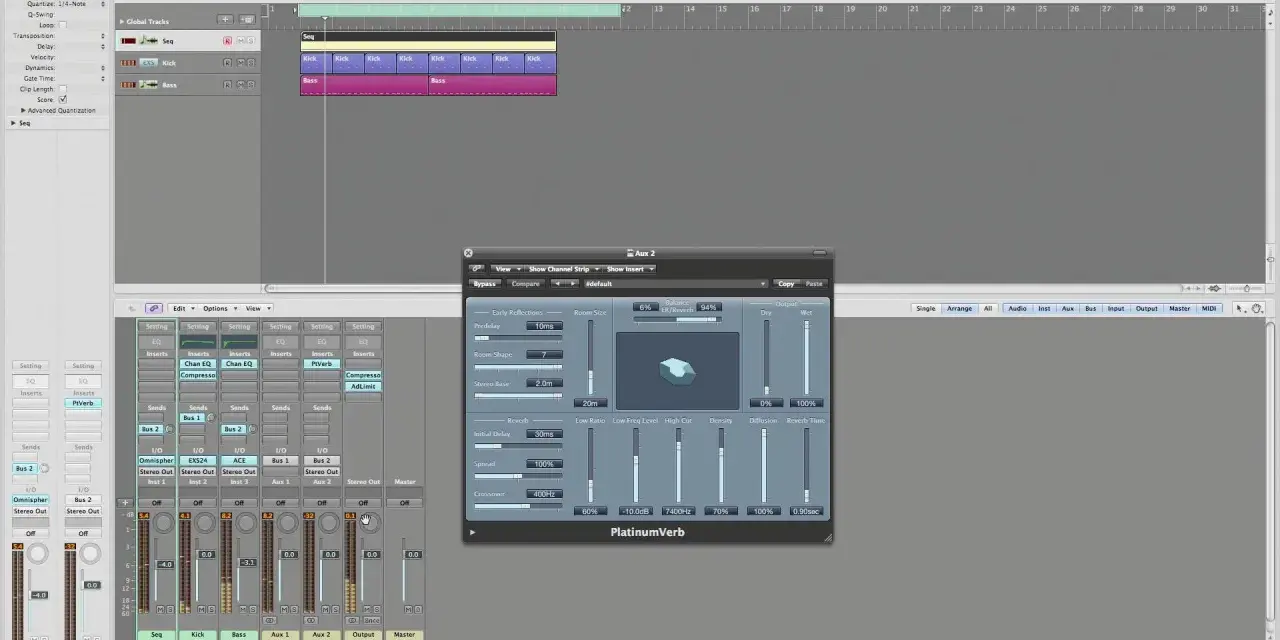 Ustawienia wtyczki PlatinumVerb w Logic Pro pokazują, jak działa reverb, dodając przestrzeni dźwiękom.