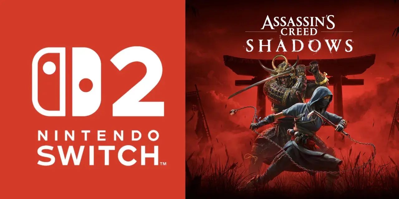 Logo de Nintendo Switch 2 junto a la portada de Assassin's Creed Shadows, con samuráis y ninjas en acción.