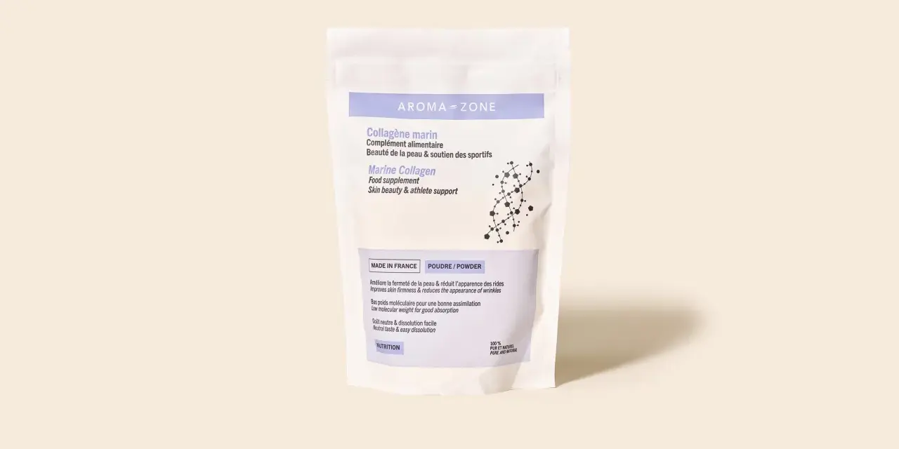 Un sachet de "Collagène marin" Aroma-Zone, un complément alimentaire pour la beauté de la peau et le soutien des sportifs.