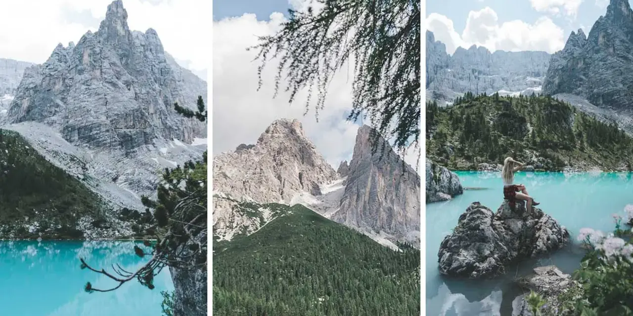 Drei Ansichten des Sorapis Sees mit türkisfarbenem Wasser, schroffen Bergen und grünen Wäldern. Eine Frau sitzt auf einem Felsen am Ufer.