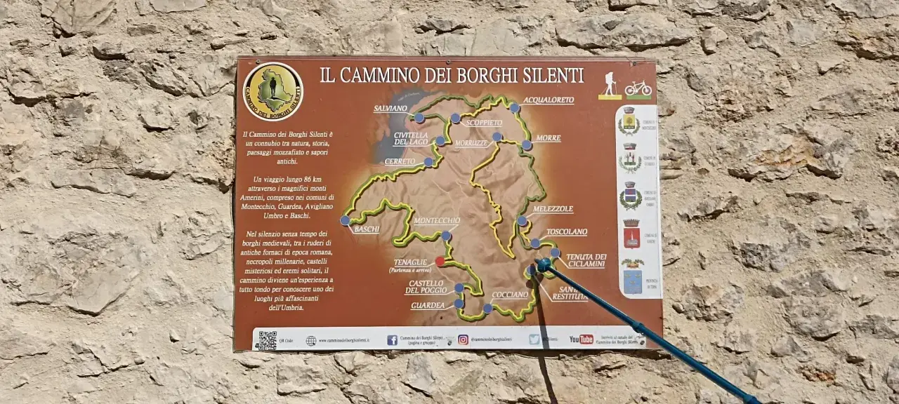 Mappa del Cammino dei Borghi Silenti, un percorso di 86 km tra natura, storia e borghi medievali dell'Umbria.