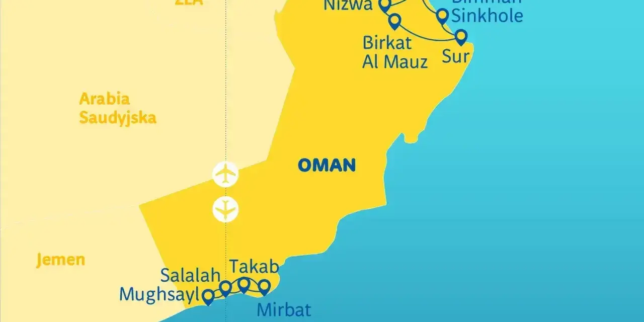 Mapa pokazuje, gdzie leży Oman, z zaznaczonymi miastami: Maskat, Nizwa, Sur, Salalah. Widać też sąsiednie kraje: ZEA, Arabia Saudyjska, Jemen.