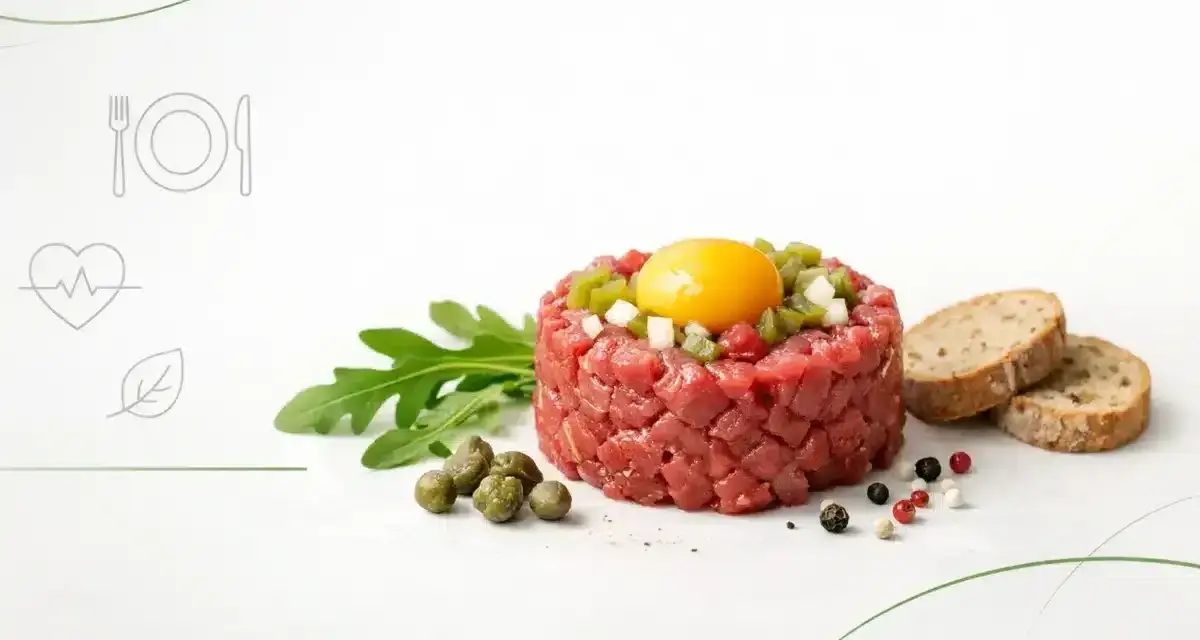 Tatar z surowego mięsa z żółtkiem i dodatkami, obok pieczywo. Czy tatar jest zdrowy? Zależy od składników i sposobu przygotowania.