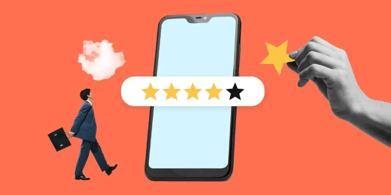 Un hombre de negocios camina hacia un teléfono con una reseña de 4 estrellas. Una mano añade la quinta estrella, ilustrando que es sampling.
