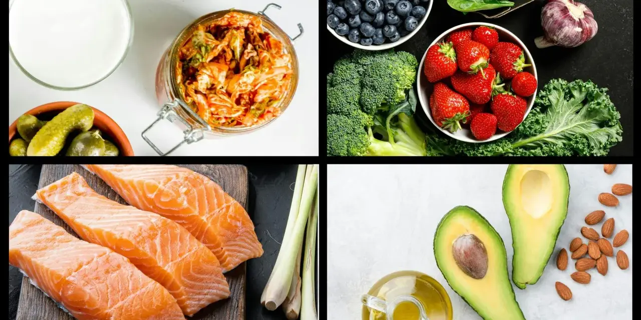 En samling livsmedel som passar för antiinflammatorisk kost: lax, bär, grönsaker, avokado, nötter och fermenterad mat.