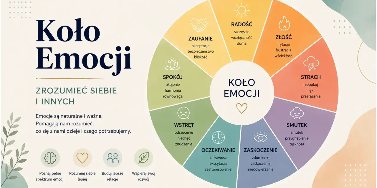 Koło emocji: radość, zaufanie, spokój, wstręt, oczekiwanie, zaskoczenie, smutek, strach, złość. Poznaj pełne spektrum emocji.