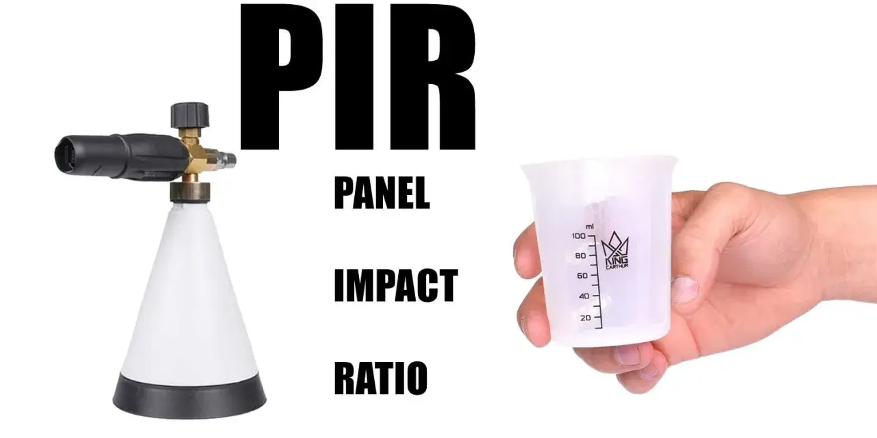 Skumpåläggare för bilvård, med måttbägare för att mäta rätt blandning. PIR står för Panel Impact Ratio.