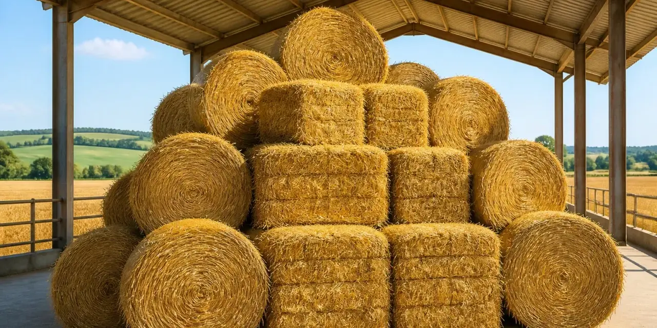 Gros tas de bottes de foin rondes et carrées sous un hangar. Le prix du foin est une préoccupation pour les agriculteurs.