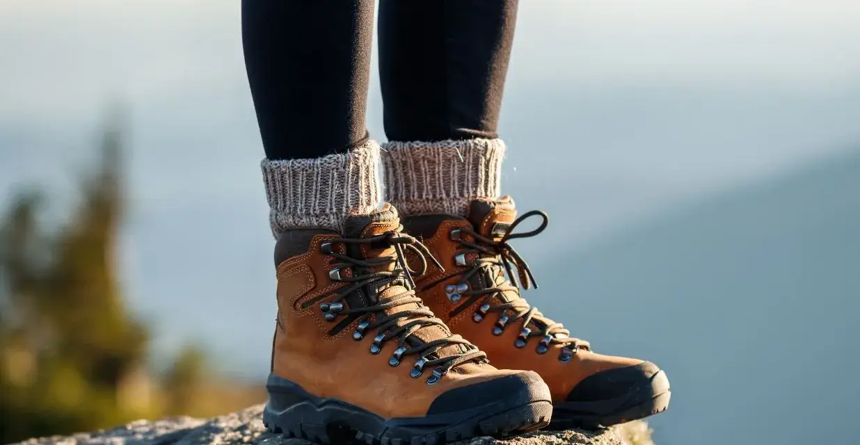 Brązowe buty trekkingowe na skale. Idealne na górskie wędrówki, sprawdź nasz ranking butów trekkingowych.