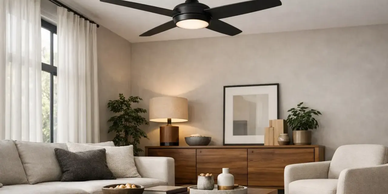 Ventilador de techo negro moderno con luz LED, que demuestra que son efectivos para crear un ambiente fresco y acogedor en un salón elegante.