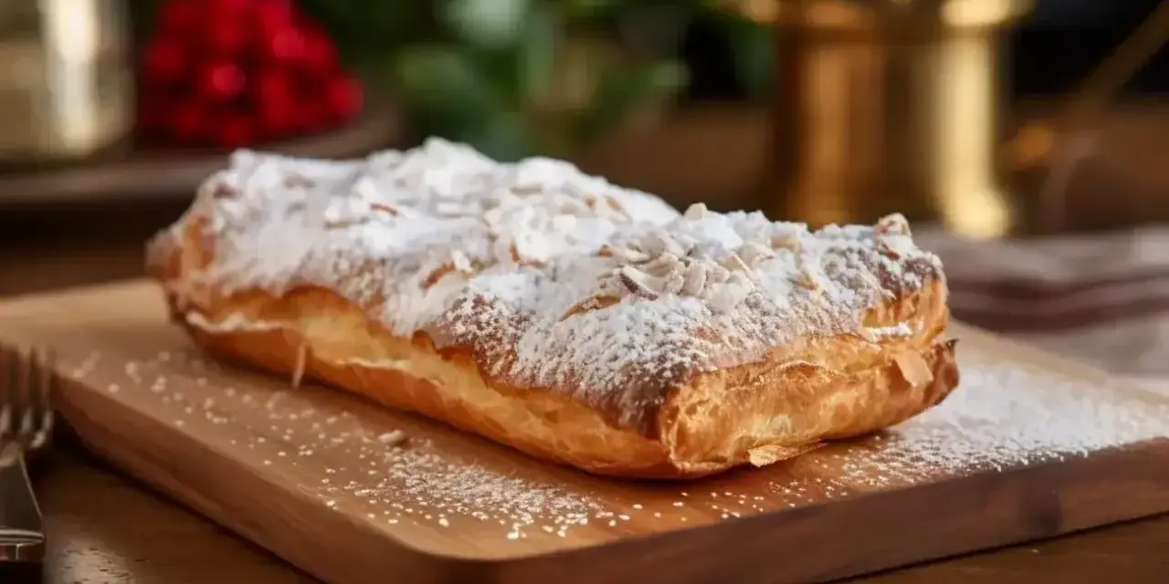 Pyszne ciasto francuskie bezglutenowe posypane cukrem pudrem i płatkami migdałów. Idealne na deser, gdy szukasz przepisu na coś wyjątkowego.