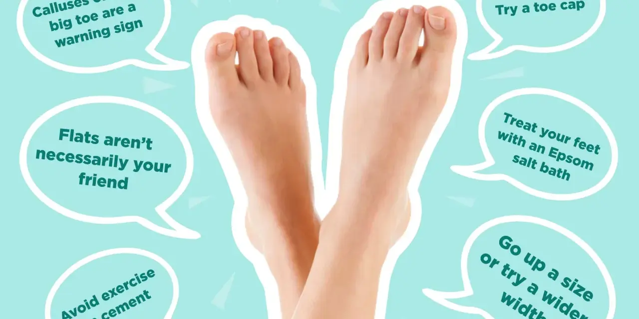 A pair of bare feet, with advice bubbles suggesting treatments like soaking feet in cold water with Epsom salt.