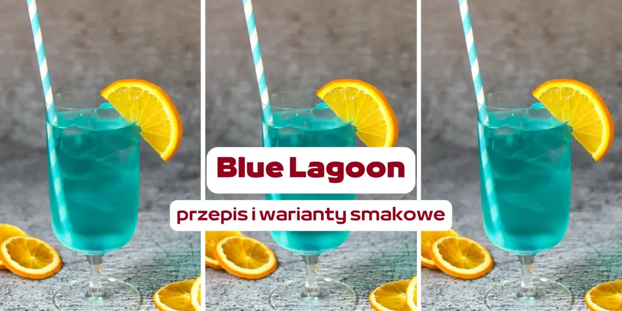 Trzy identyczne drinki Blue Lagoon z plasterkiem pomarańczy i niebieską słomką, otoczone plasterkami pomarańczy.