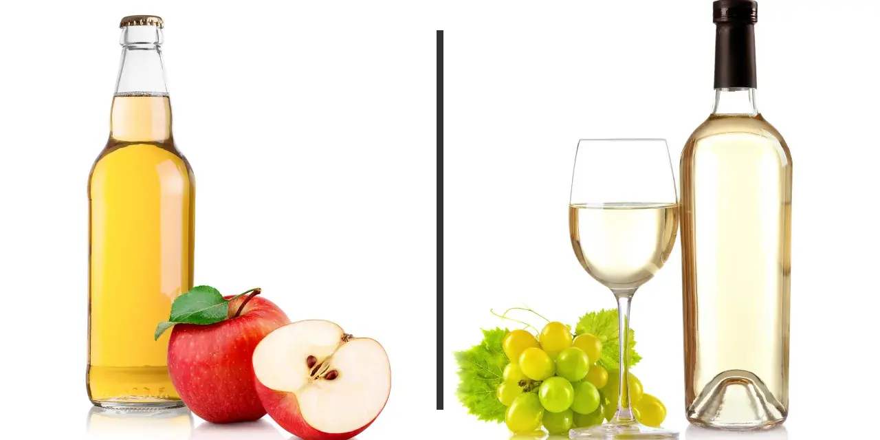 Jabłkowy drink czy białe wino? Po lewej butelka z jabłkowym napojem i jabłka, po prawej kieliszek i butelka białego wina z winogronami.
