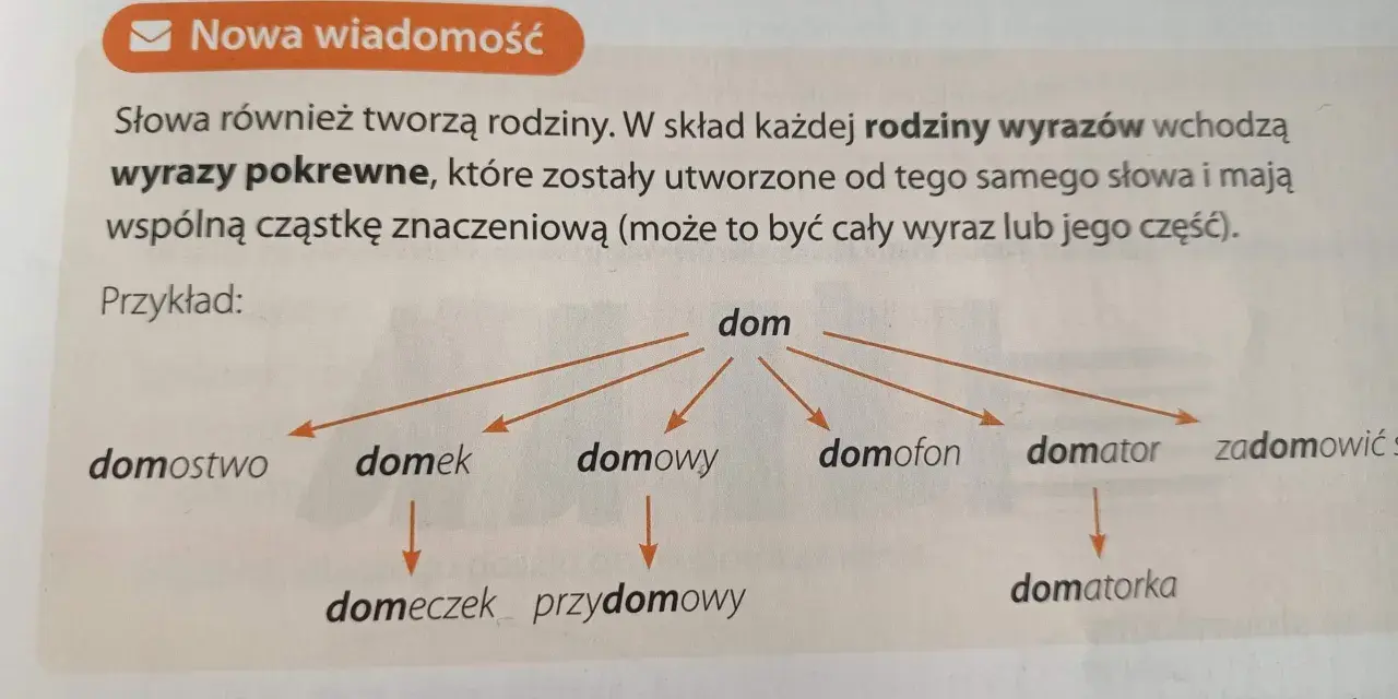 Schemat przedstawia rodzinę wyrazów z rdzeniem "dom": dom, domostwo, domek, domowy, domofon, domator, zadomowić się, domeczek, przydomowy, domatorka.