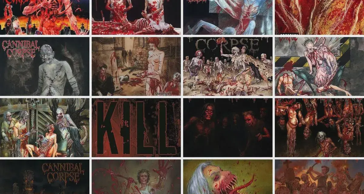 Collage d'illustrations gores de Cannibal Corpse, montrant des scènes macabres et sanglantes, des cadavres démembrés et des créatures monstrueuses.