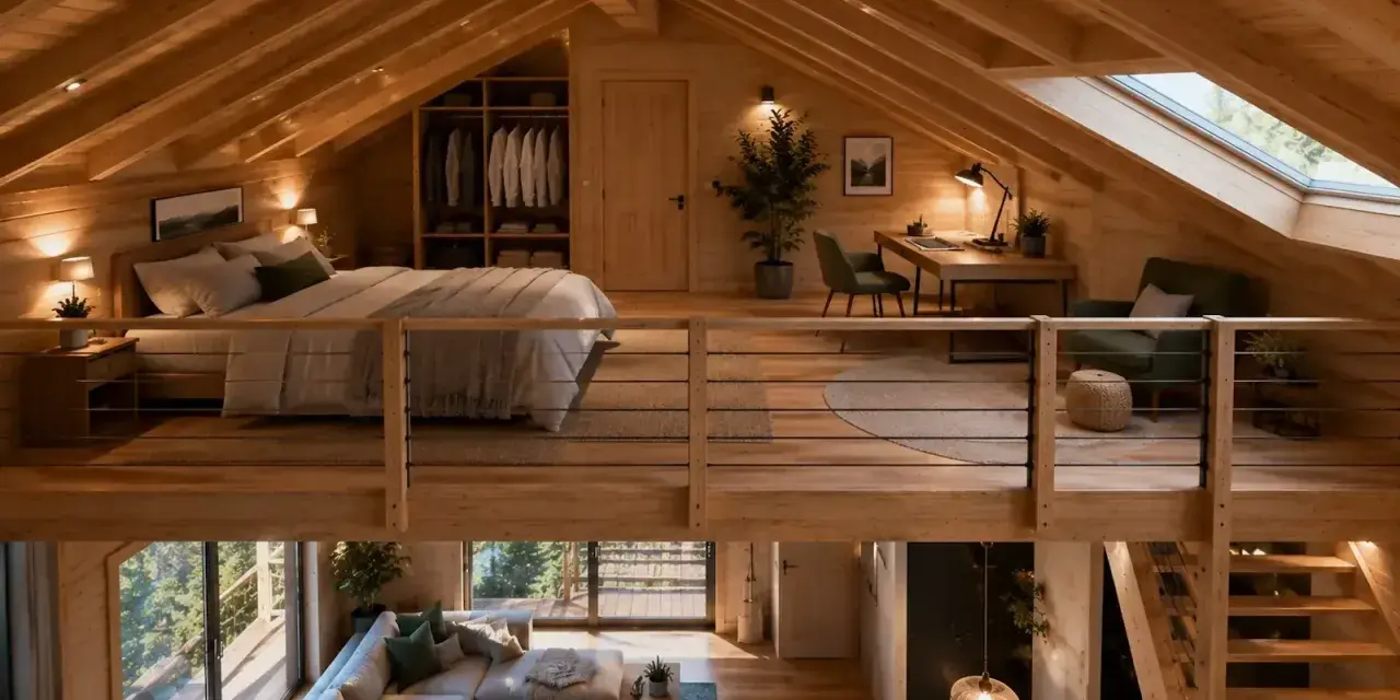 Aménagement mezzanine chaleureux avec lit douillet, bureau et coin détente. L'espace maximise le bois et la lumière naturelle.