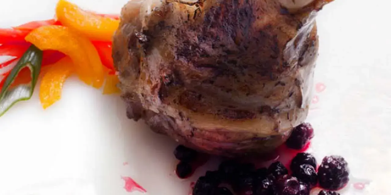 Delicioso jarrete de cordero asado, acompañado de pimientos de colores, arándanos y una salsa roja.