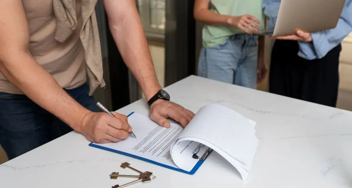 Hombre firma contrato, llaves en mesa. Se discute cuanto cuesta registrar una propiedad con personas al fondo.