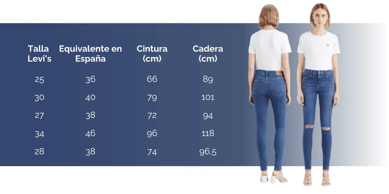 Guía de tallas de pantalón mujer: talla 26 en España equivale a 38, con medidas de cintura y cadera.