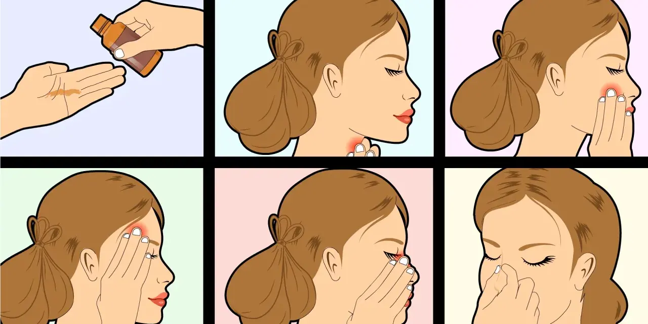 Illustrations show face massage steps: applying oil, massaging neck, cheek, forehead, eyes, and nose.