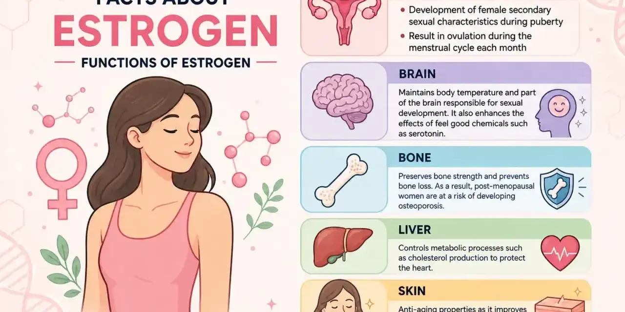 Ilustracja przedstawia funkcje estrogenu, kluczowego hormonu dla zdrowia kobiet, wpływając na układ rozrodczy, mózg, kości, wątrobę i skórę.