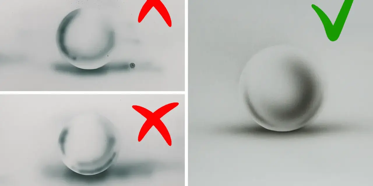 Poprawna kula cieniowania z subtelnym gradientem i cieniem. Dwie poprzednie próby z czerwonymi krzyżykami pokazują nieudane efekty.