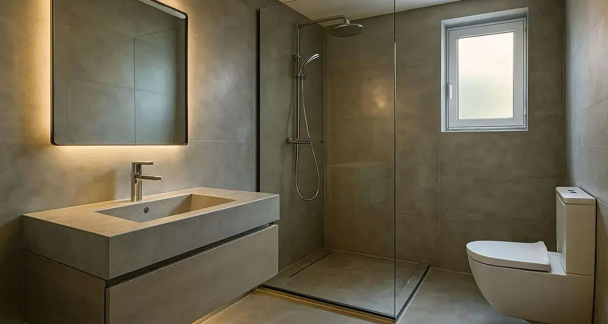 Salle de bain moderne avec lavabo en béton ciré, douche à l'italienne et WC suspendu. L'éclairage indirect du miroir crée une ambiance douce.