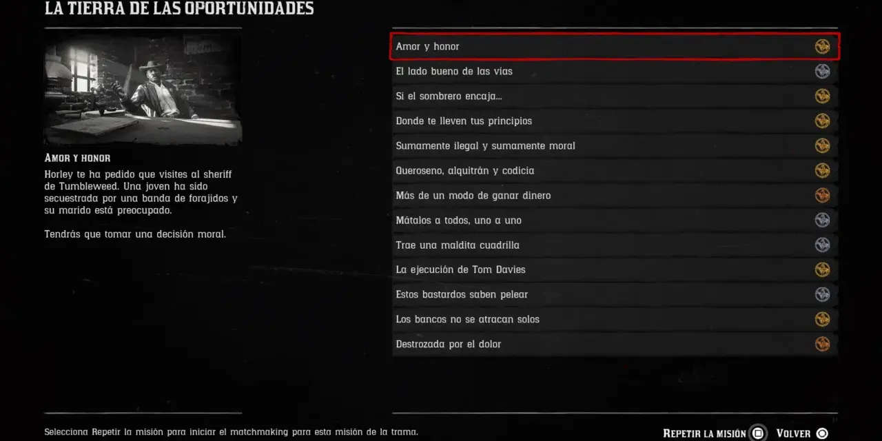 Pantalla de misión "Amor y honor" de la guía Red Dead Redemption 2. Un hombre con sombrero está sentado en un escritorio.