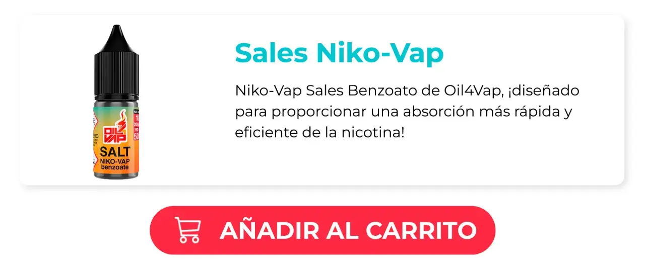 Botella de Niko-Vap Salt Benzoate, con la fórmula de la nicotina optimizada para rápida absorción.