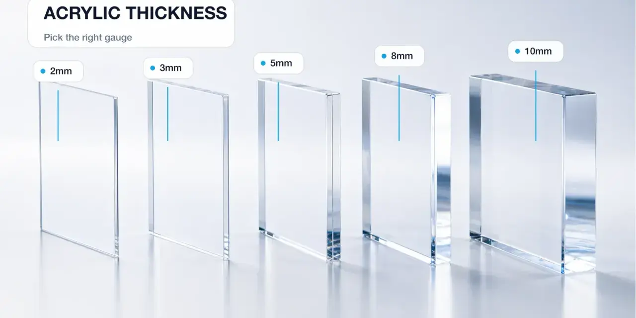 Clear acrylic sheets of varying plexiglass thickness for windows: 2mm, 3mm, 5mm, 8mm, and 10mm.