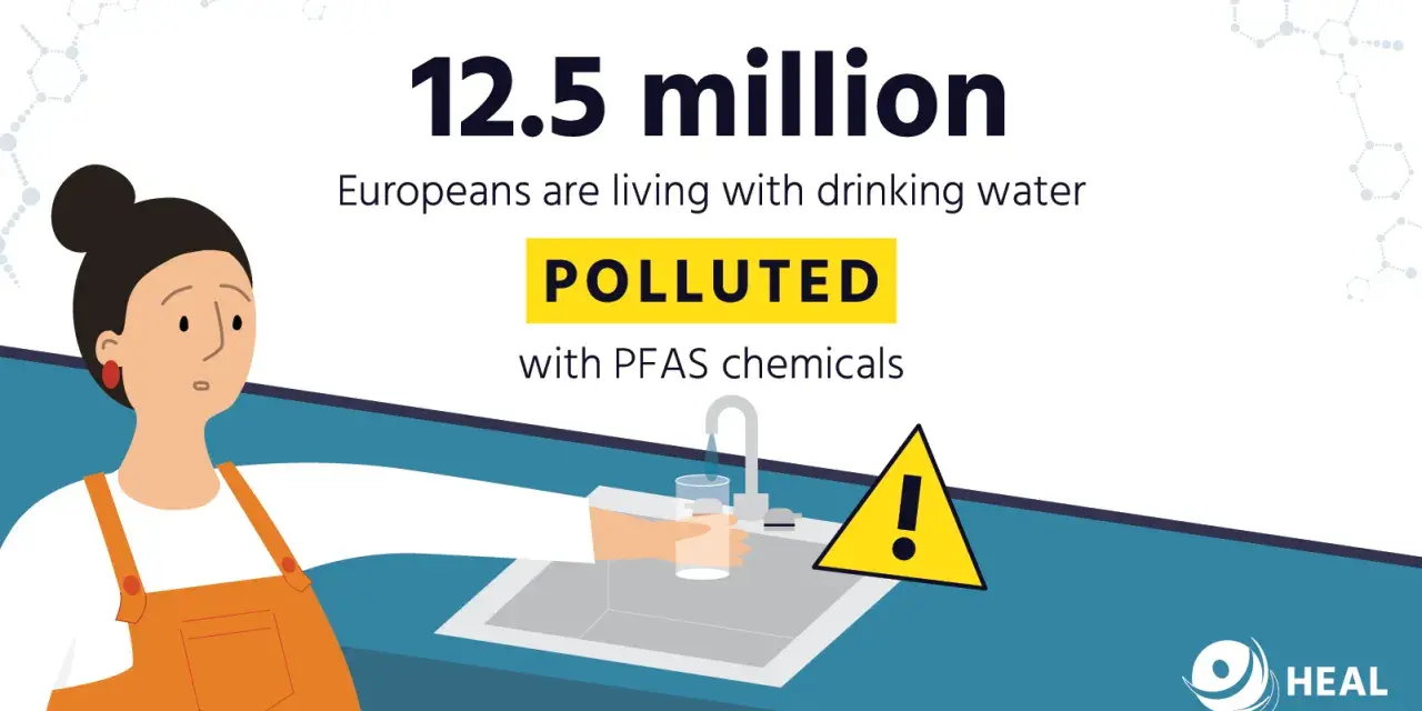 12,5 mln Europejczyków pije wodę zanieczyszczoną chemikaliami PFAS. Znak ostrzegawczy przy kranie symbolizuje zagrożenie.