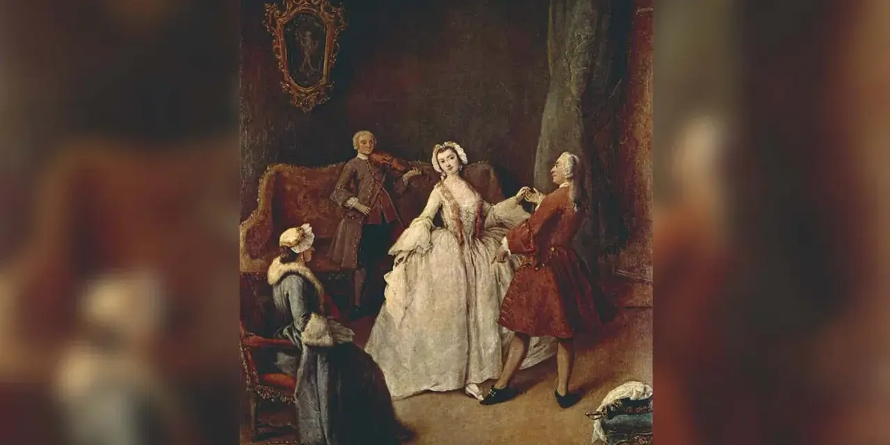 Una escena de la historia de la danza: un hombre toca el violín mientras una pareja baila y otra mujer observa.