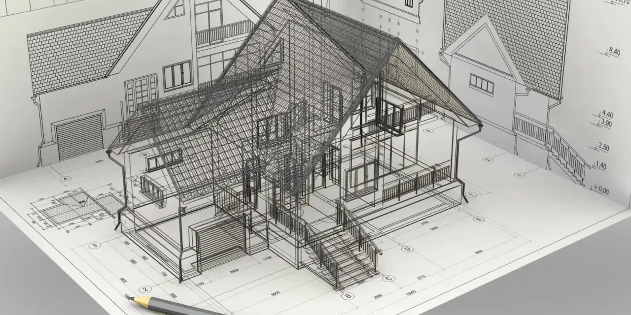 Szkic domu w formie siatki 3D na tle rysunków technicznych i wymiarów. To dokumentacja wykonawcza, która pokazuje szczegóły projektu.