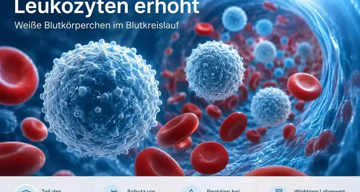 Weiße Blutkörperchen (Leukozyten) im Blutkreislauf, die auf eine erhöhte Anzahl hindeuten. Sie sind Teil des Immunsystems und wichtig für die Reaktion bei Entzündungen.