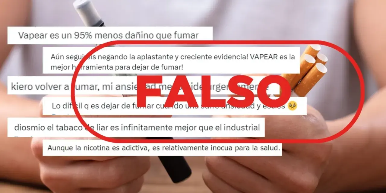 Manos sostienen un vaper y cigarrillos, rodeados por un círculo rojo con la palabra "FALSO". Mensajes sobre vapear y fumar se superponen.
