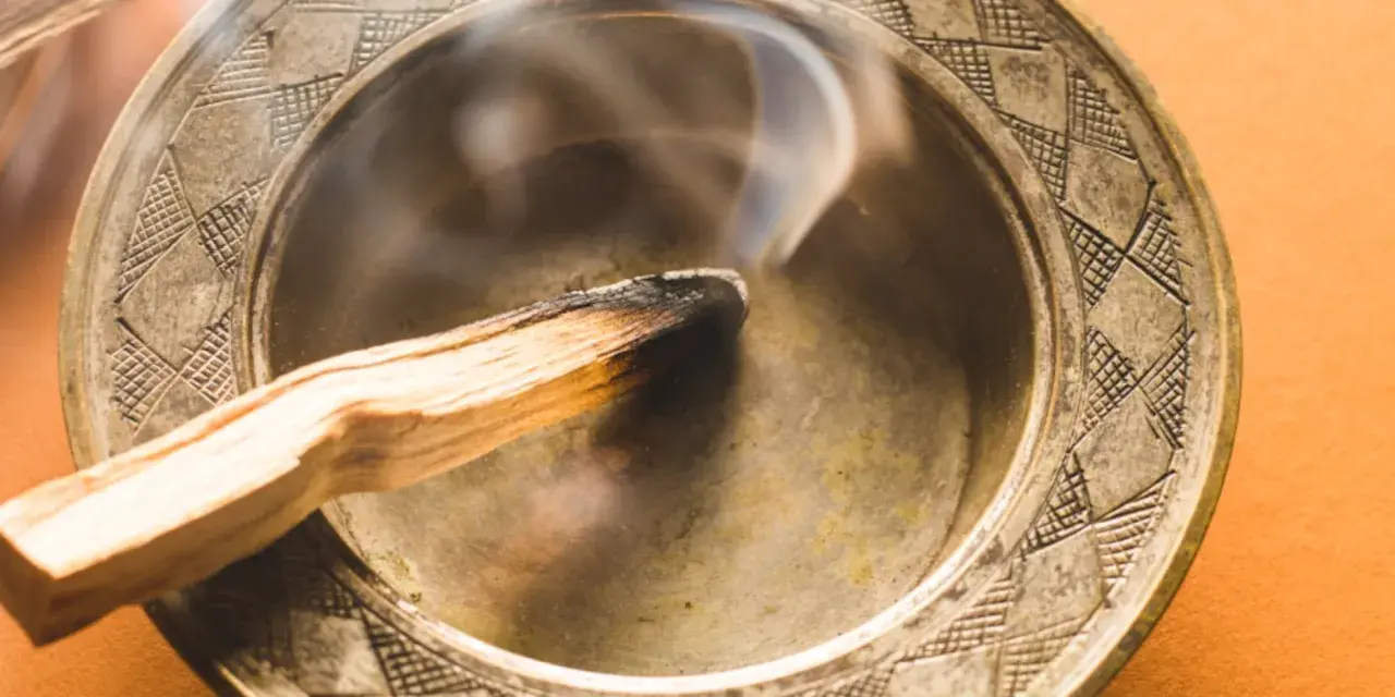 Humo ascendente de un palo santo quemándose en un cuenco metálico. Descubre a qué huele el palo santo.