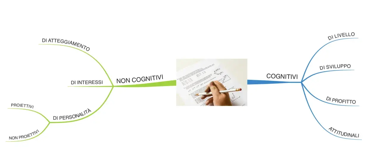 Schema che illustra le categorie dei test psicologici: non cognitivi (atteggiamento, interessi, personalità) e cognitivi (livello, sviluppo, profitto, attitudinali).