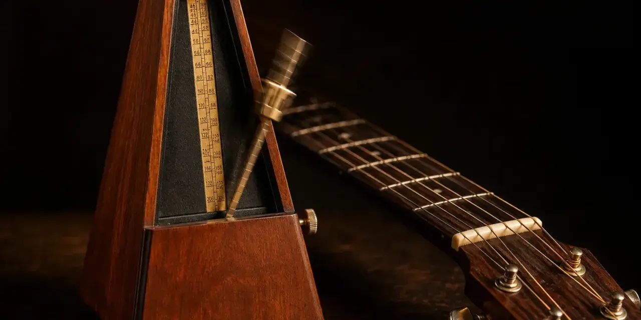 Un métronome en bois et une guitare acoustique, prêts pour la répétition. Le métronome bat la mesure, le temps de **half time** est en cours.