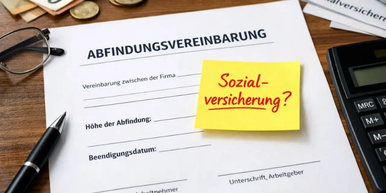 Abfindungsvereinbarung mit Fragezeichen zur Sozialversicherung. Geld, Brille, Stift und Taschenrechner liegen bereit.