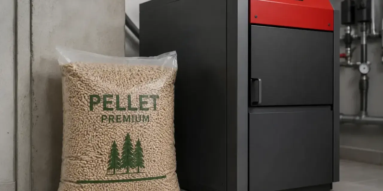Nowoczesny piec na pellet premium obok worka z paliwem. Idealny do ogrzewania domu przez cały rok.