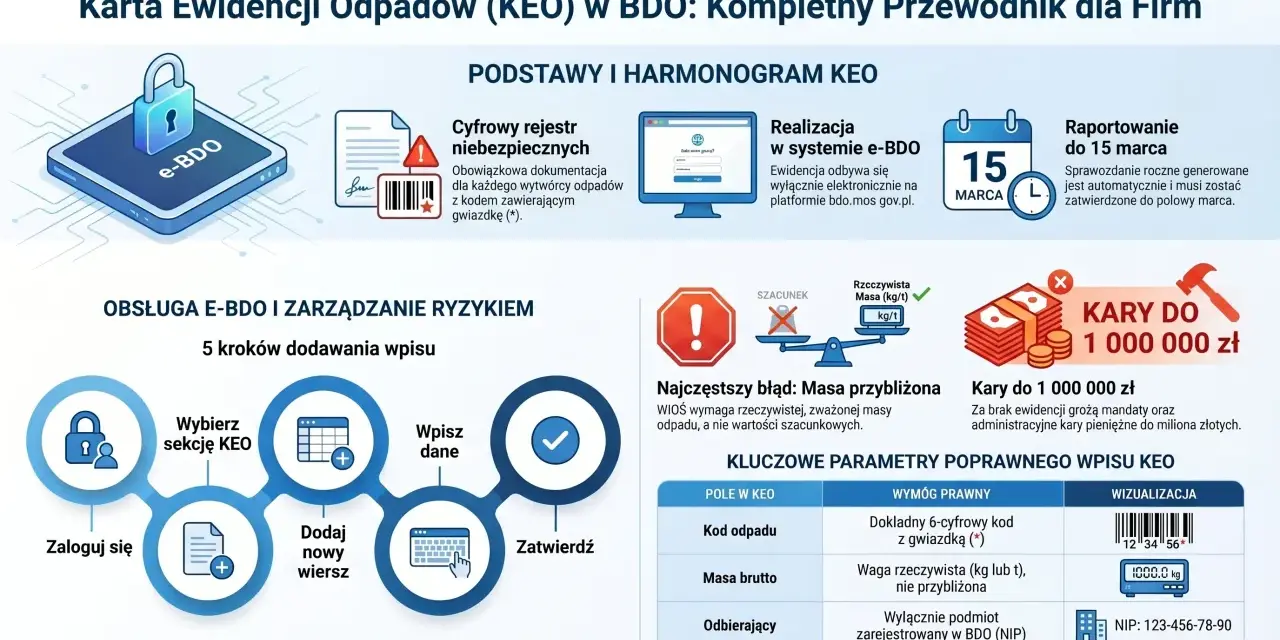 Karta Ewidencji Odpadów (KEO) w BDO. Podano przykładowy kod odpadu drewno, wymagany jest dokładny 6-cyfrowy kod z gwiazdką.