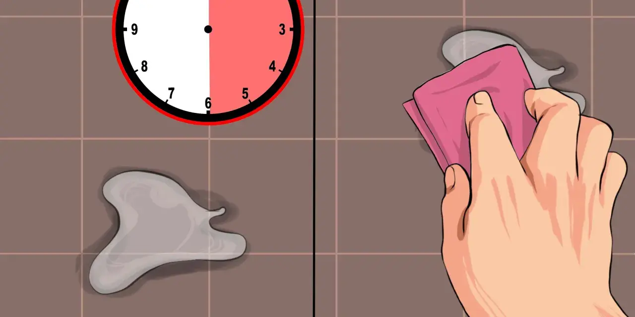 A clock shows half past 6, indicating how long does E6000 take to dry. A hand wipes away a spill.
