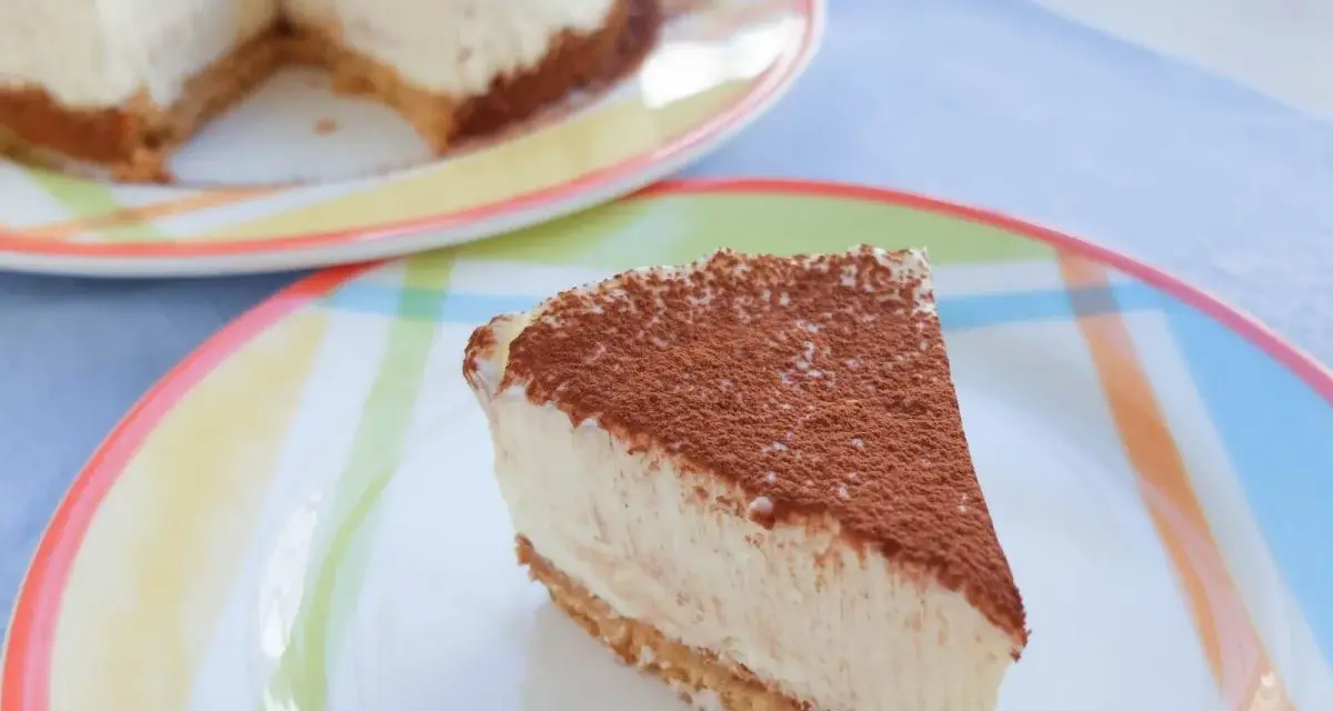 Deliciosa tarta de queso sin horno, cubierta de cacao, servida en un plato colorido.