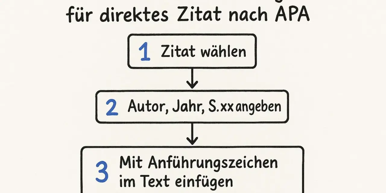 Minimalistisches Flussdiagramm für direktes Zitat nach APA: 1. Zitat wählen, 2. Autor, Jahr, S. xx angeben, 3. Mit Anführungszeichen im Text einfügen.