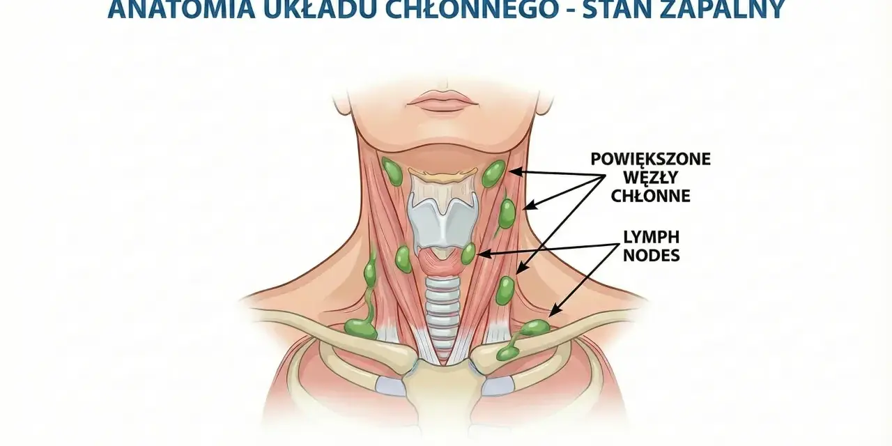 Anatomia układu chłonnego - stan zapalny. Widoczne powiększone węzły chłonne na szyi.