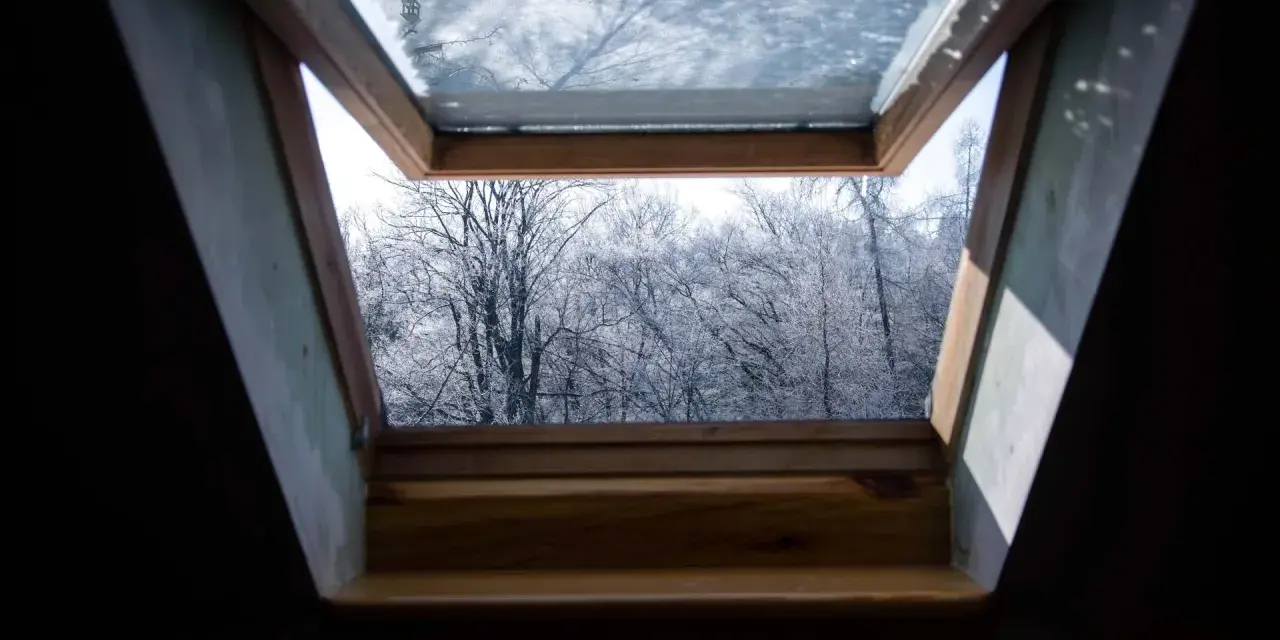 Ein geöffnetes Kellerfenster im Winter gibt den Blick frei auf kahle, schneebedeckte Bäume.