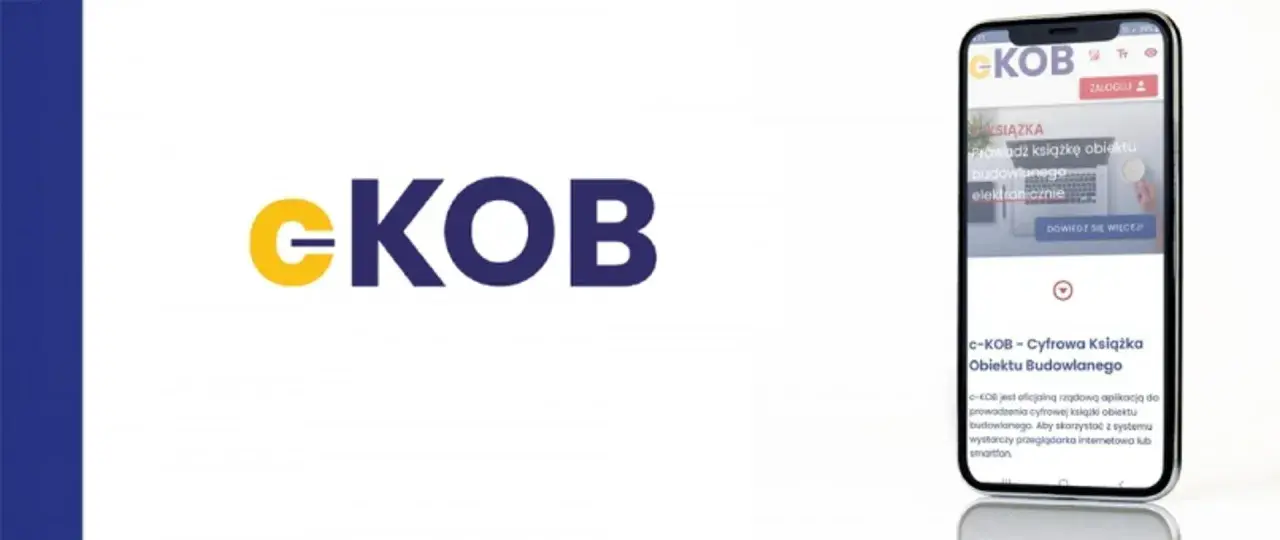 Logo e-KOB i smartfon prezentujący cyfrowa książka obiektu budowlanego.