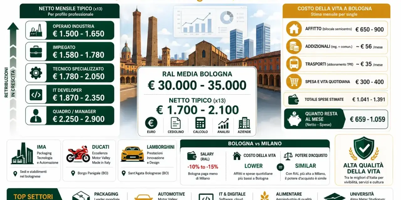 Stipendio medio a Bologna 2026: RAL 30-35k, netto 1.700-2.100€. Costo vita inferiore a Milano, ma potere d'acquisto simile.