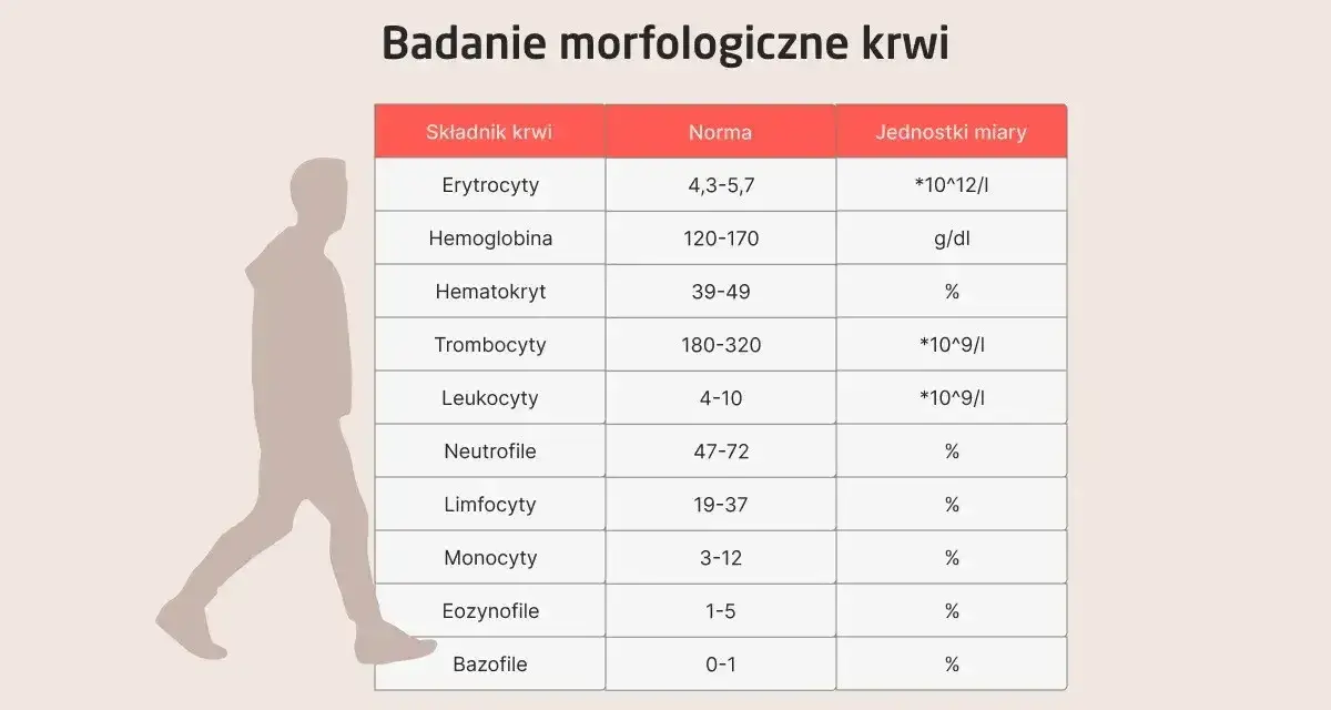 Tabela z badaniem morfologicznym krwi, pokazująca normy dla erytrocytów, hemoglobiny, hematokrytu, trombocytów, leukocytów i innych. Płytki krwi norma to 180-320.